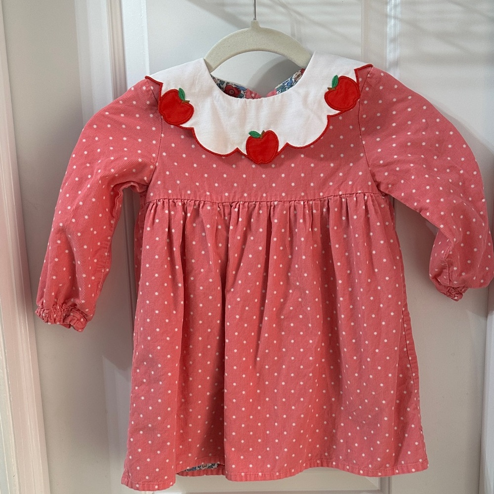Baby Boden Pink Polka Dot Dress with Apple Collar